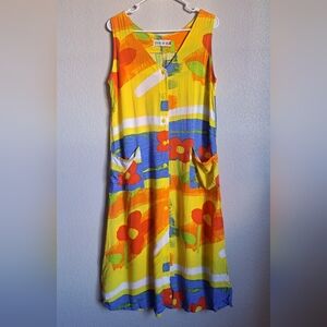 Jams World Vintage Bright Colorful Yellow Button Front Midi Dress With Pockets M